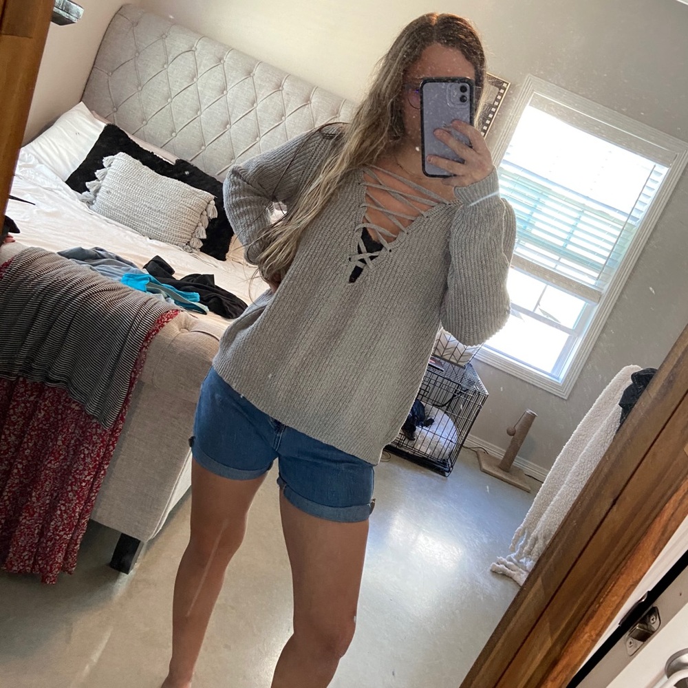 Gray Oversized Strappy Sweater